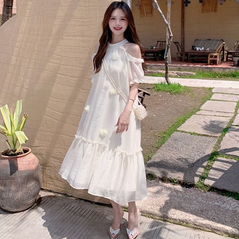 オープンショルダーシフォンワンピース