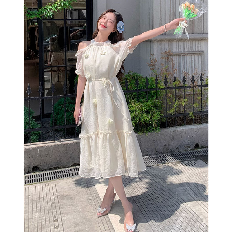 オープンショルダーシフォンワンピース