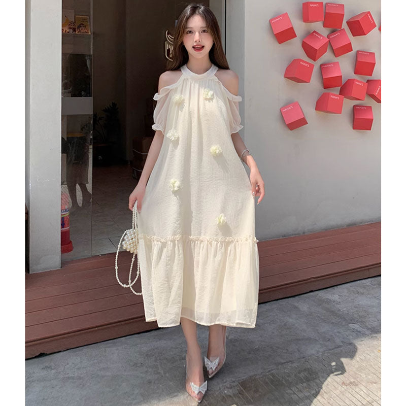 オープンショルダーシフォンワンピース