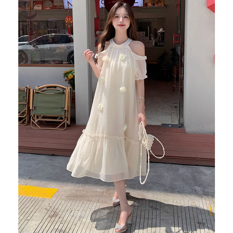 オープンショルダーシフォンワンピース