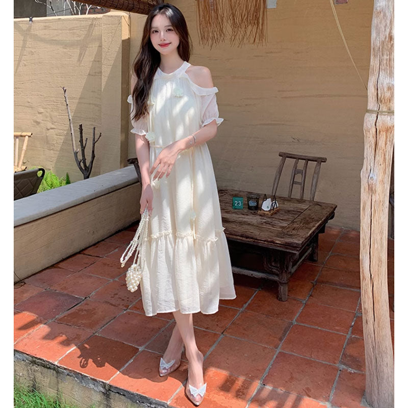 オープンショルダーシフォンワンピース