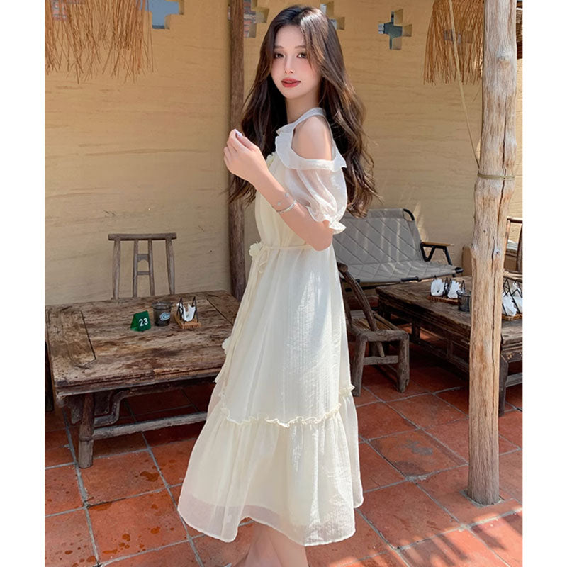 オープンショルダーシフォンワンピース