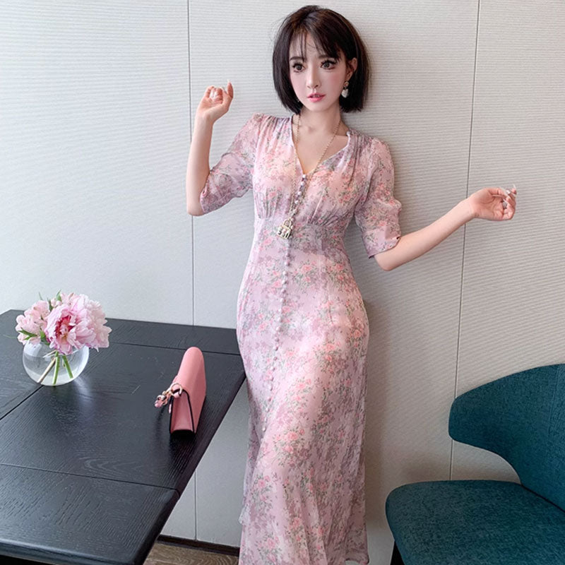 フローラルVネックワンピース