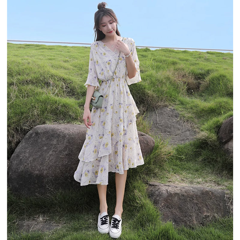 Vネックシフォンフラワーワンピース