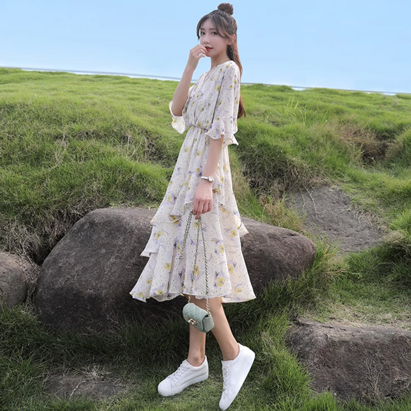 Vネックシフォンフラワーワンピース