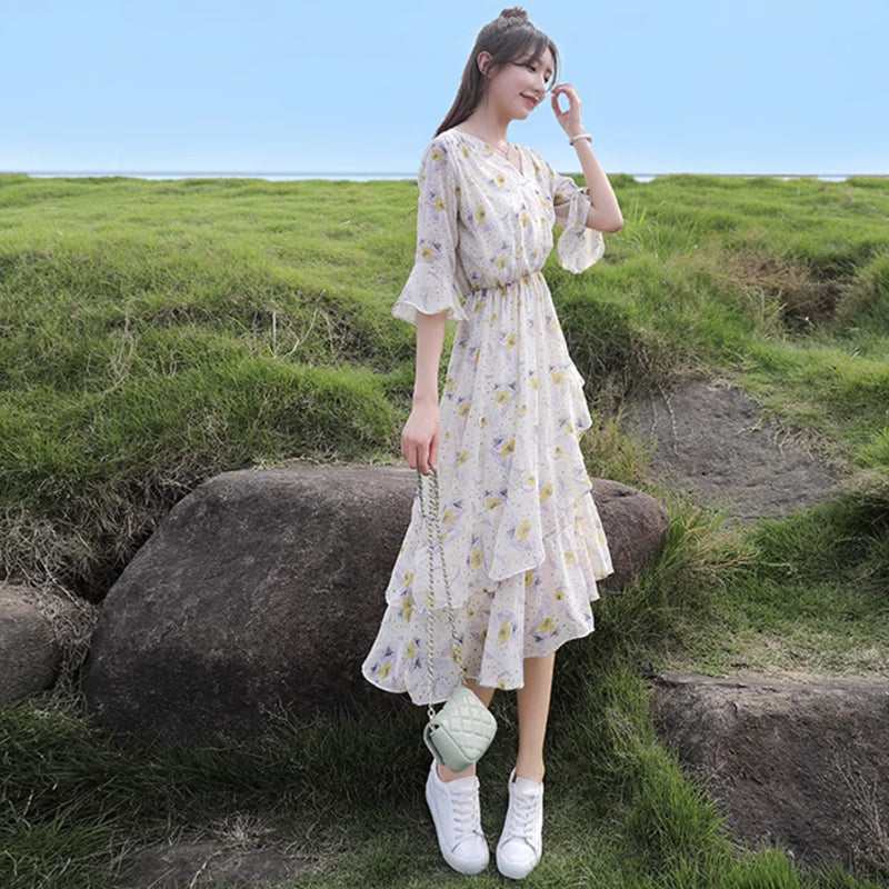 Vネックシフォンフラワーワンピース