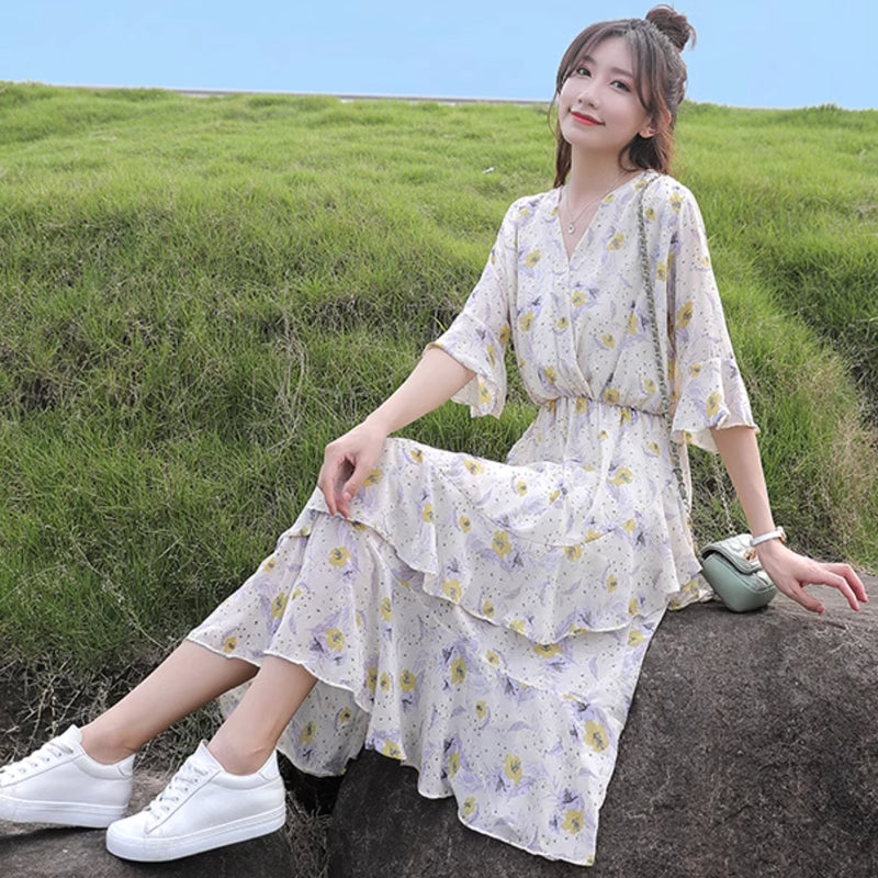 Vネックシフォンフラワーワンピース