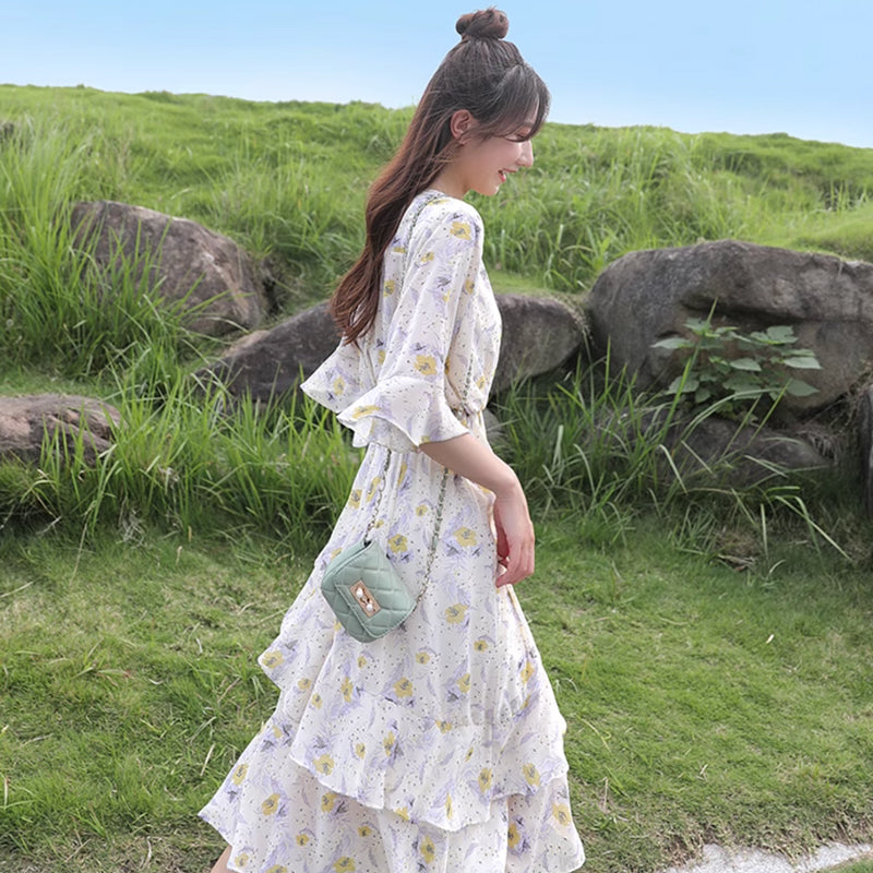 Vネックシフォンフラワーワンピース