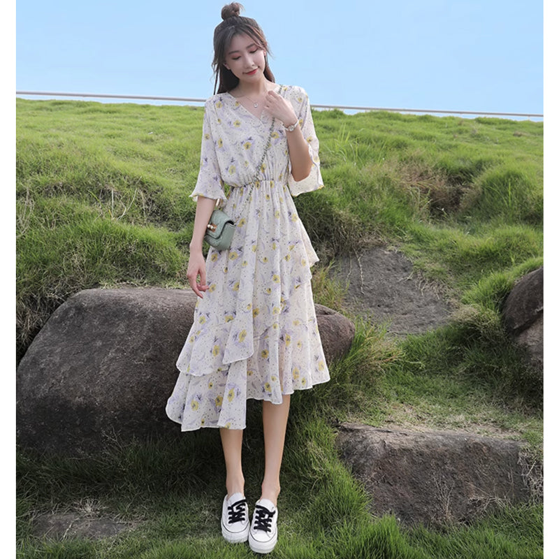 Vネックシフォンフラワーワンピース