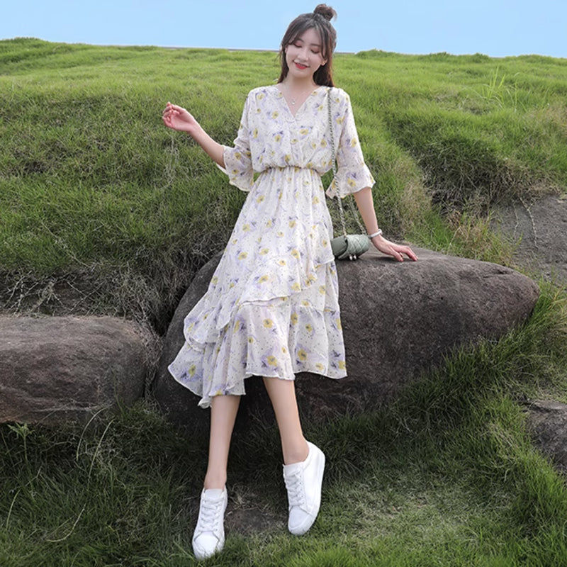 Vネックシフォンフラワーワンピース