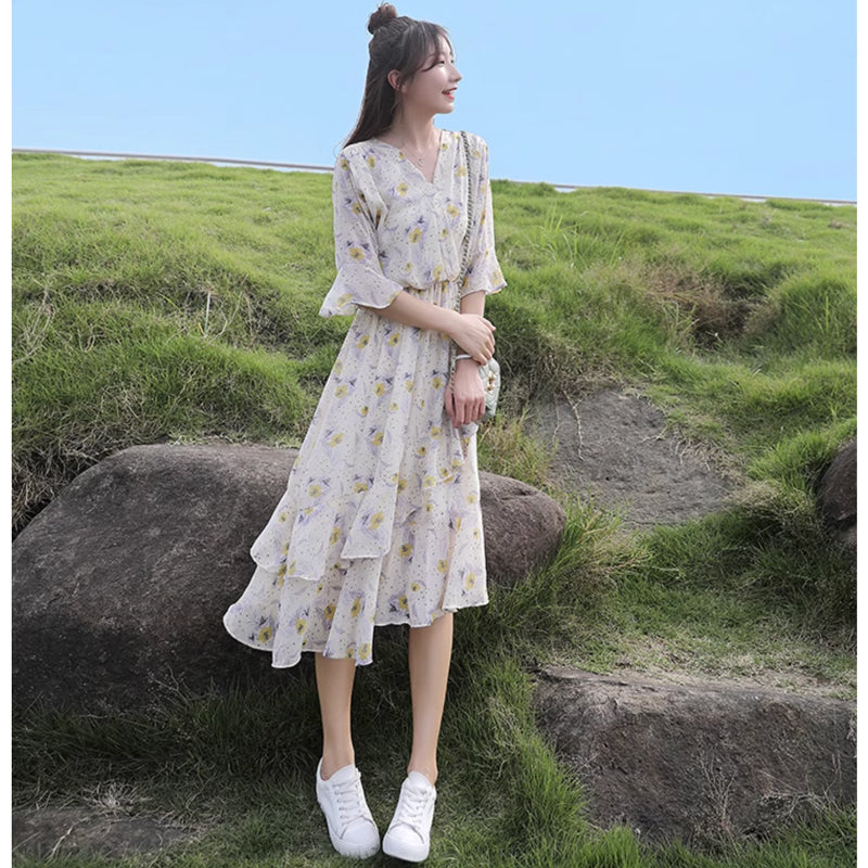 Vネックシフォンフラワーワンピース