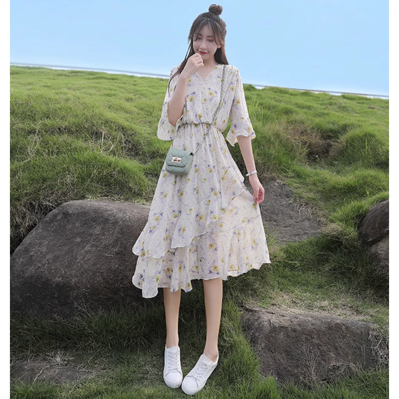 Vネックシフォンフラワーワンピース