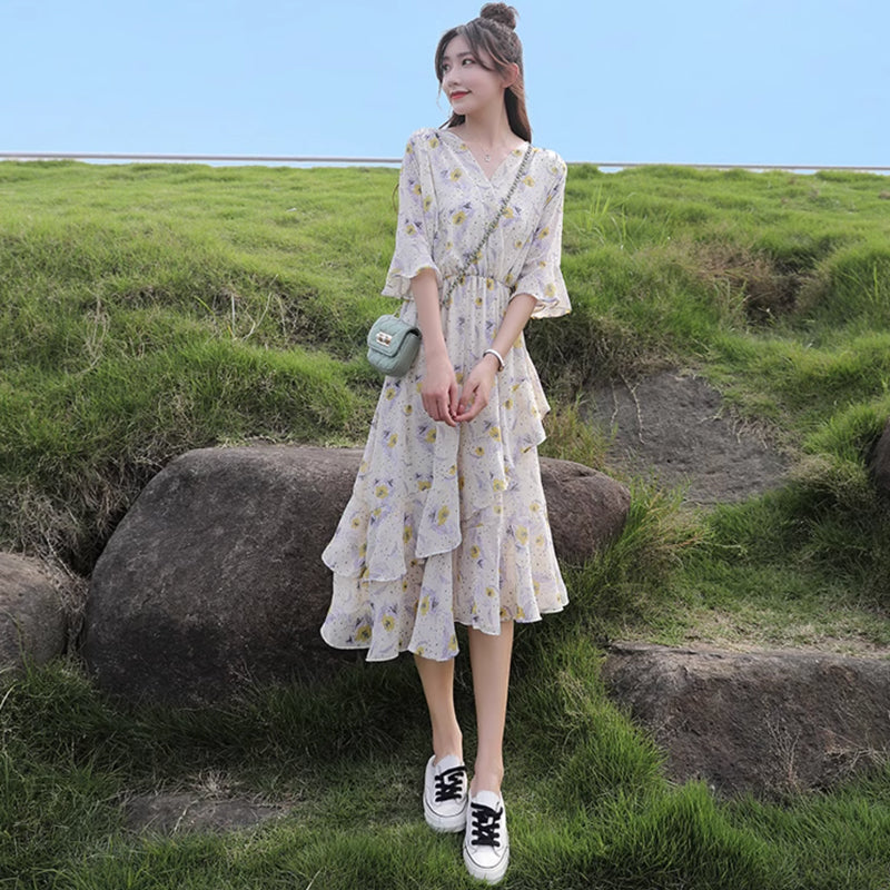 Vネックシフォンフラワーワンピース