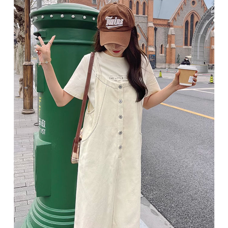 ロゴプリトンシャツ×Aラインステッチサロペットスカート