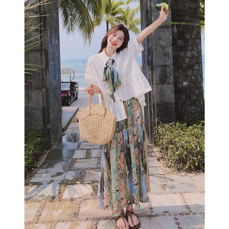 裾フレアブラウス×ボタニカルロングスカート