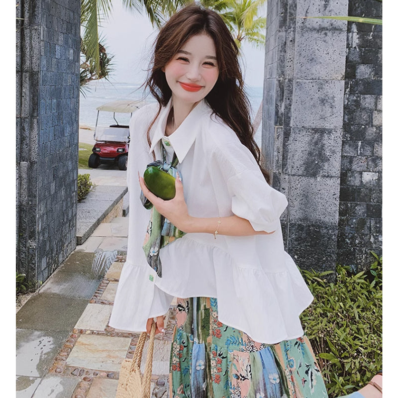 裾フレアブラウス×ボタニカルロングスカート