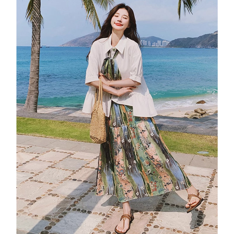 裾フレアブラウス×ボタニカルロングスカート