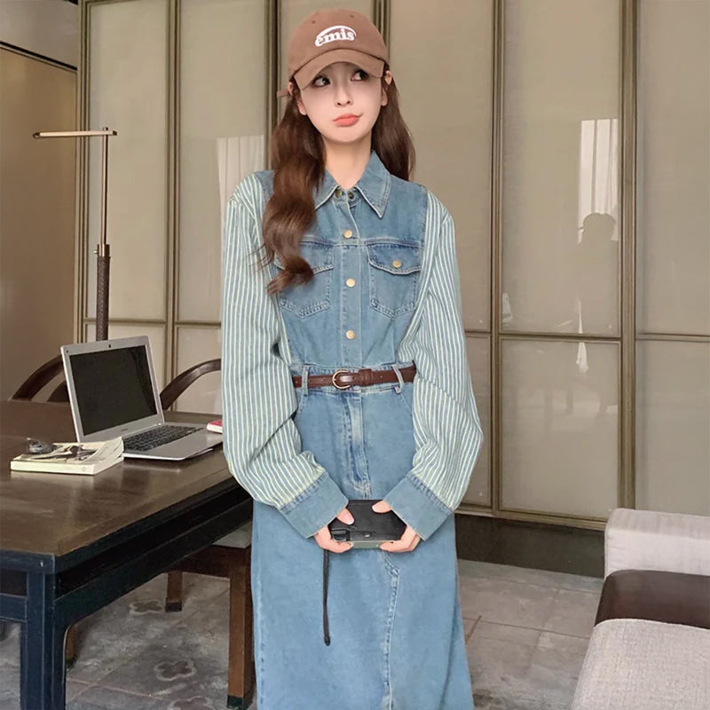 ストライプ切り替えデニムワンピース