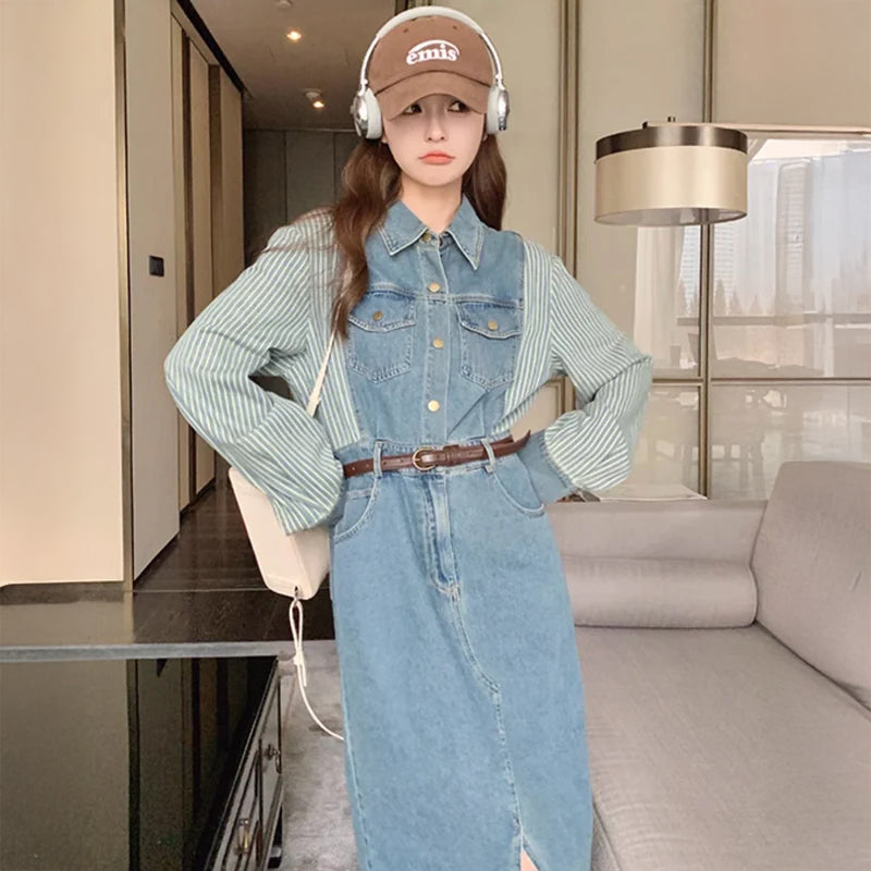 ストライプ切り替えデニムワンピース