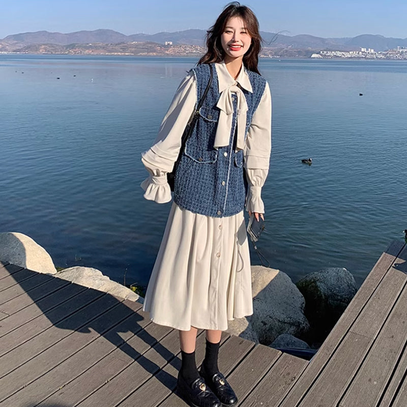 ツイードベスト×リボンタイシャツワンピース