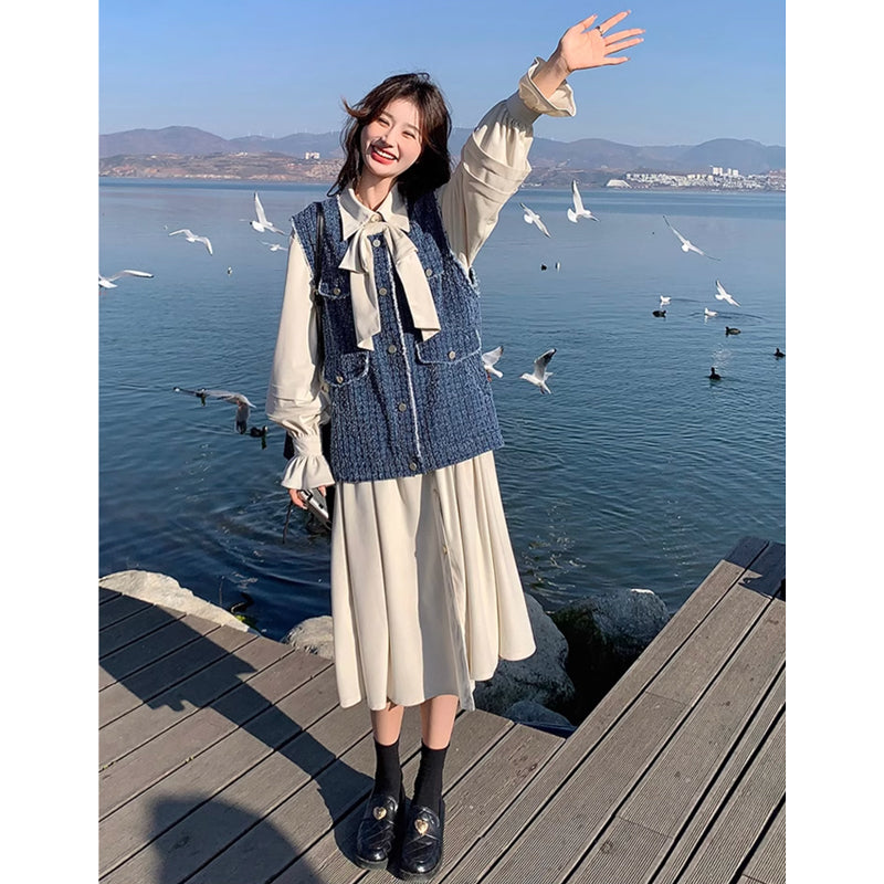 ツイードベスト×リボンタイシャツワンピース
