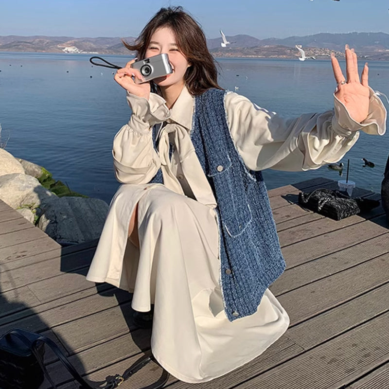 ツイードベスト×リボンタイシャツワンピース