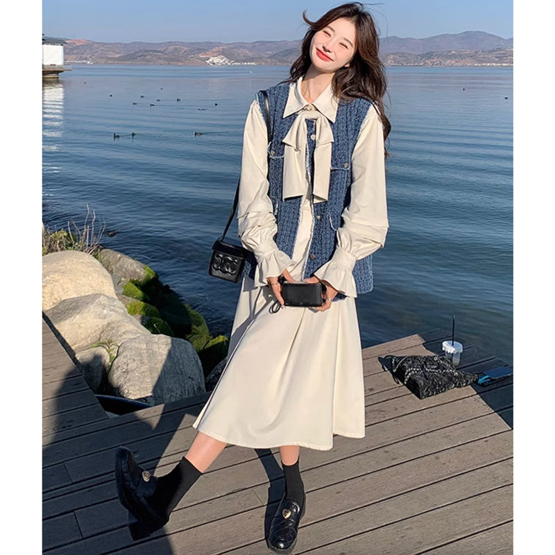 ツイードベスト×リボンタイシャツワンピース