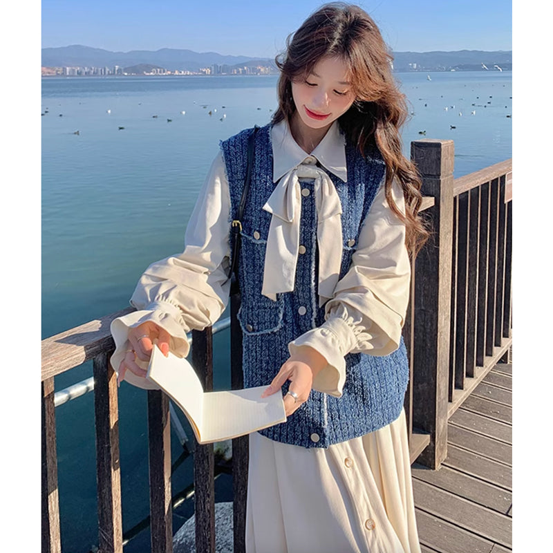 ツイードベスト×リボンタイシャツワンピース