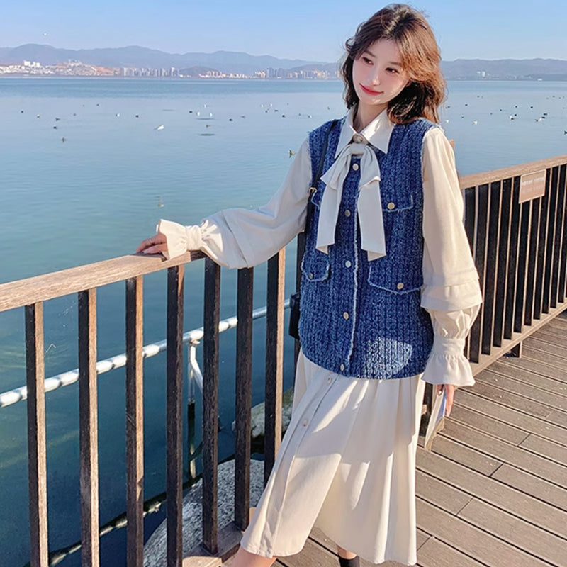 ツイードベスト×リボンタイシャツワンピース