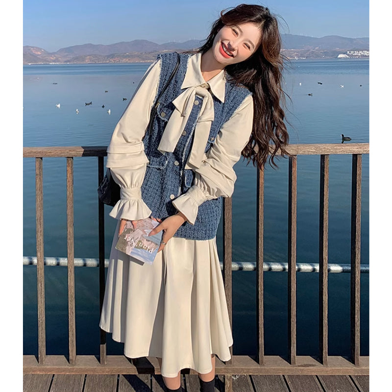 ツイードベスト×リボンタイシャツワンピース