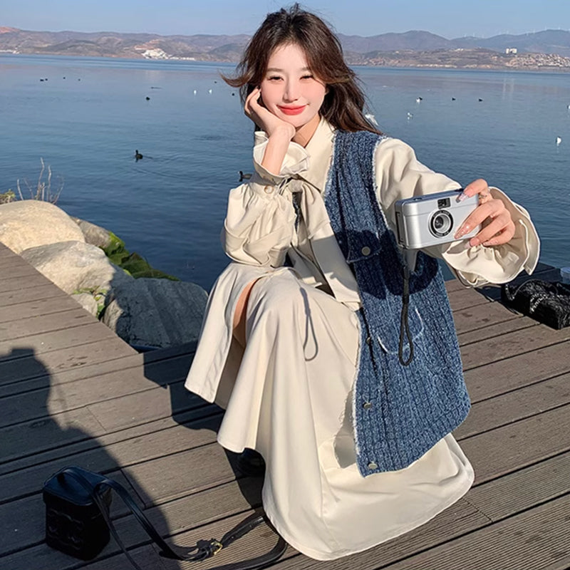 ツイードベスト×リボンタイシャツワンピース