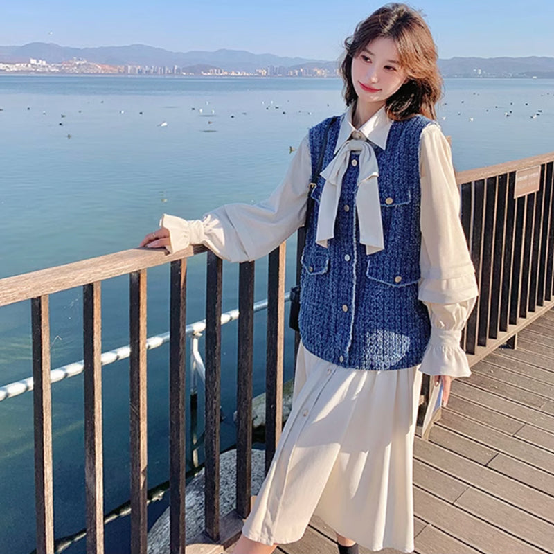 ツイードベスト×リボンタイシャツワンピース