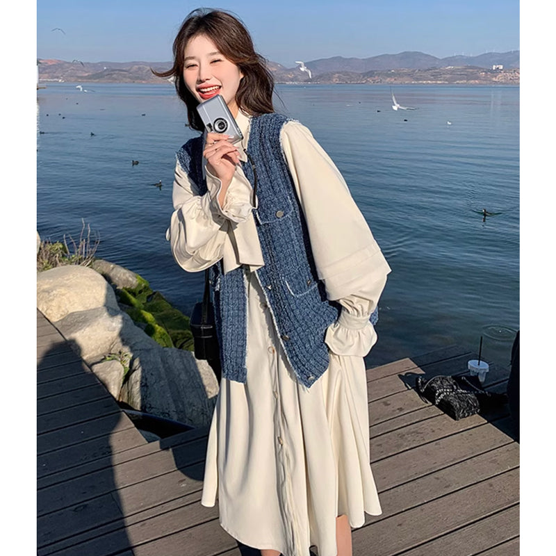 ツイードベスト×リボンタイシャツワンピース