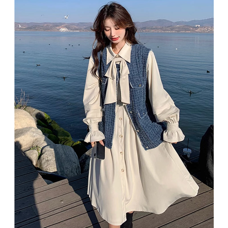 ツイードベスト×リボンタイシャツワンピース