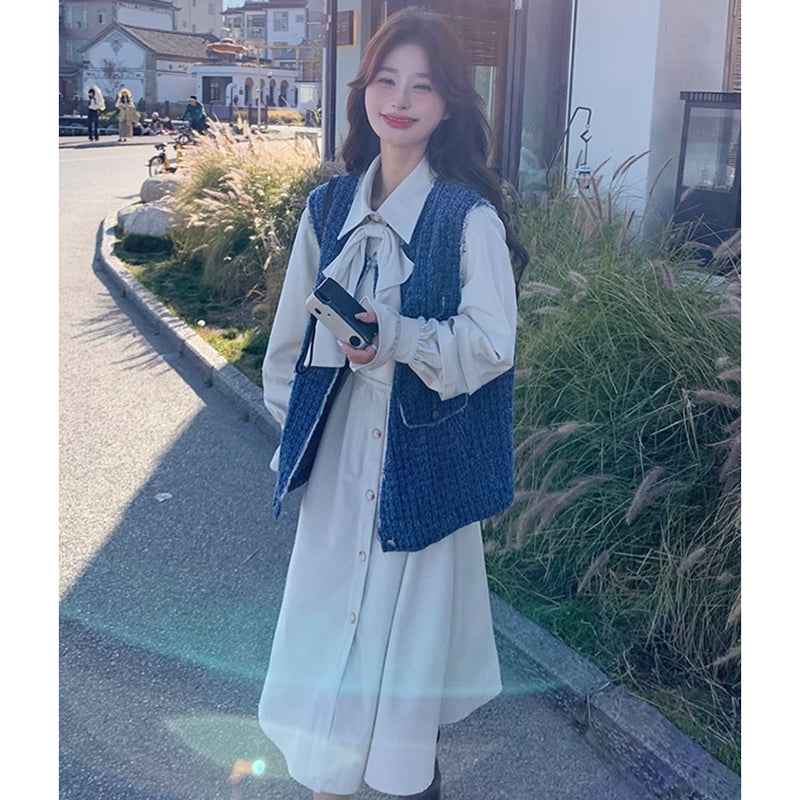 ツイードベスト×リボンタイシャツワンピース