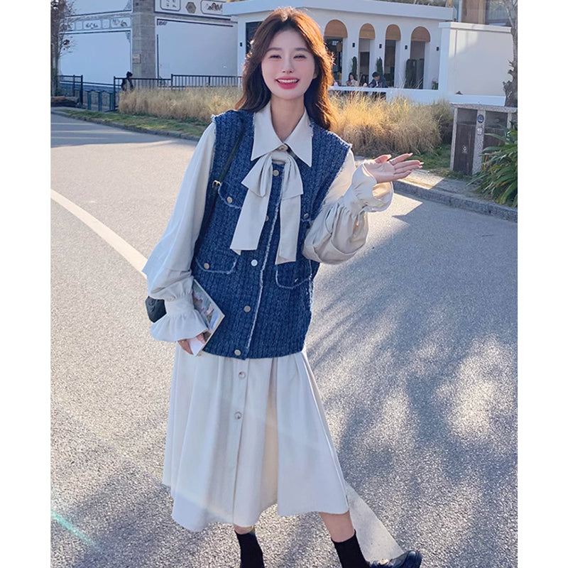 ツイードベスト×リボンタイシャツワンピース