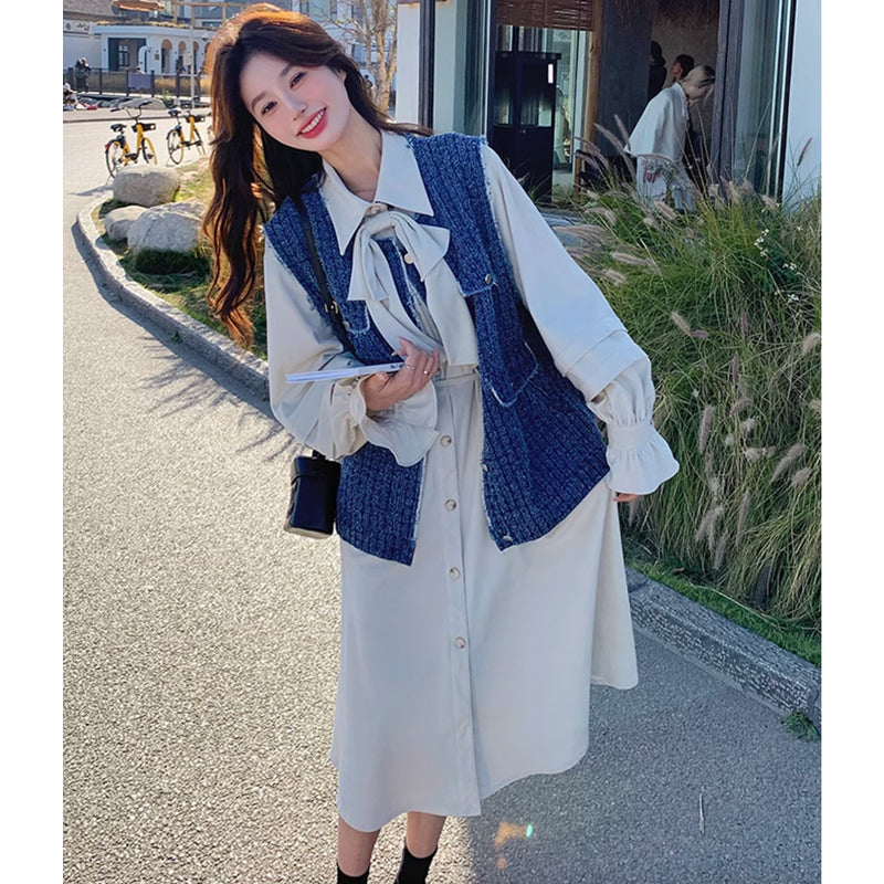 ツイードベスト×リボンタイシャツワンピース