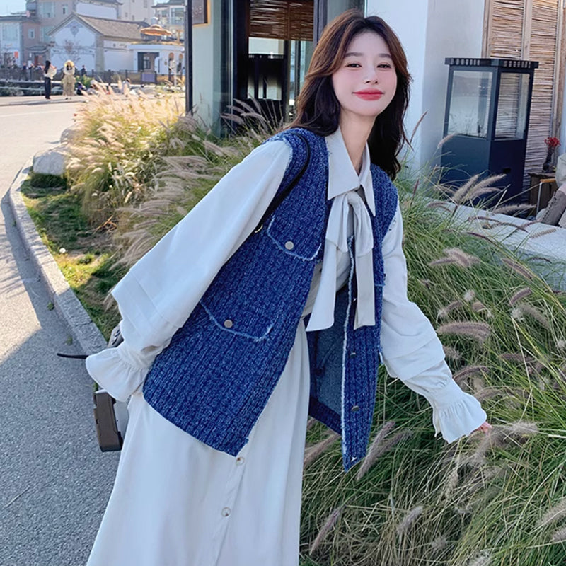 ツイードベスト×リボンタイシャツワンピース