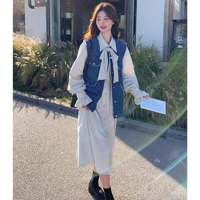 ツイードベスト×リボンタイシャツワンピース