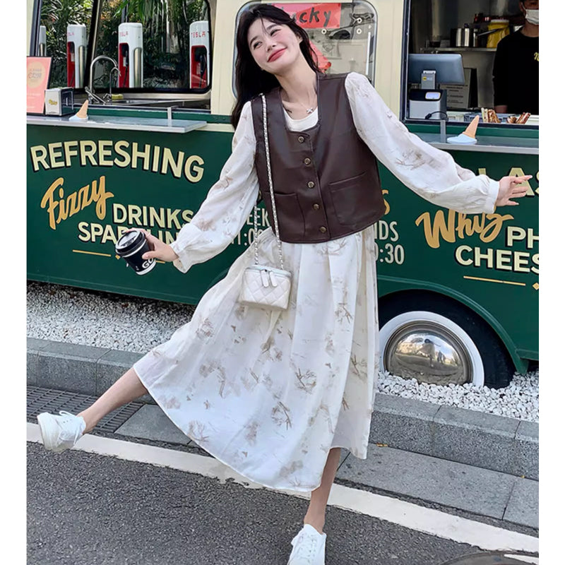 レザーベスト×ラウンドネックシフォンワンピース