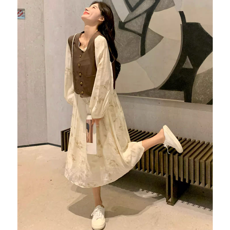 レザーベスト×ラウンドネックシフォンワンピース