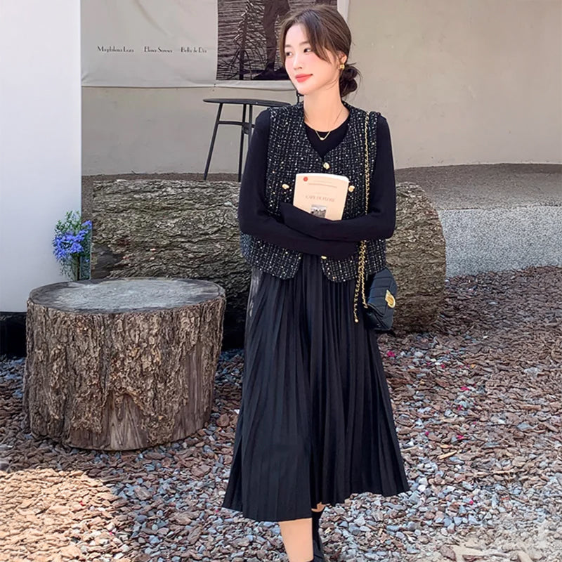 ツイードベスト×プリーツスカートワンピース(2colors)