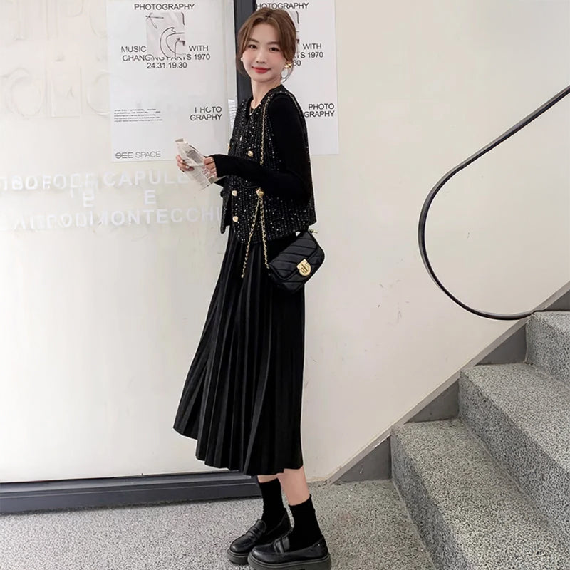 ツイードベスト×プリーツスカートワンピース(2colors)