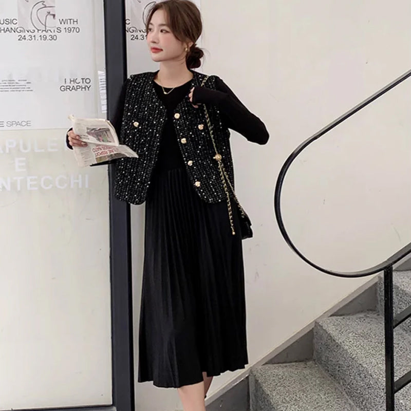 ツイードベスト×プリーツスカートワンピース(2colors)