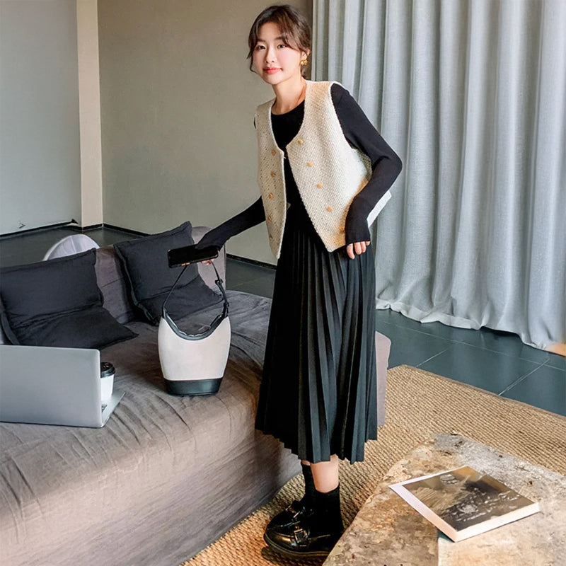 ツイードベスト×プリーツスカートワンピース(2colors)
