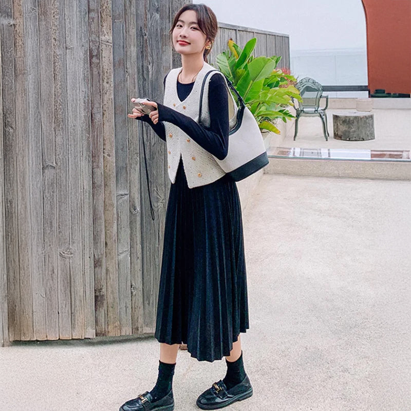 ツイードベスト×プリーツスカートワンピース(2colors)