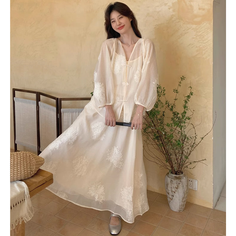 フラワー刺繍シフォンセットアップ