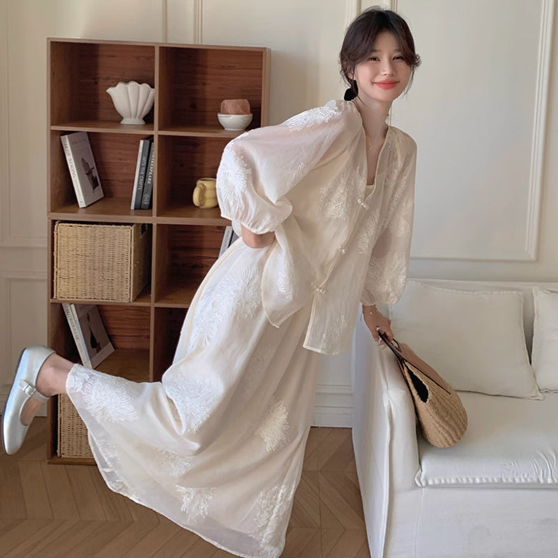 フラワー刺繍シフォンセットアップ