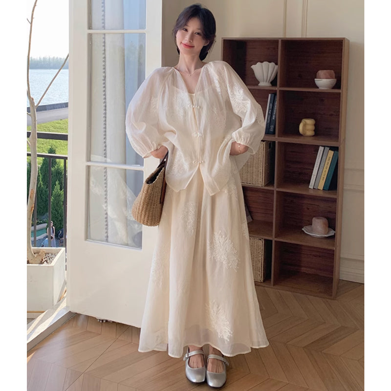 フラワー刺繍シフォンセットアップ