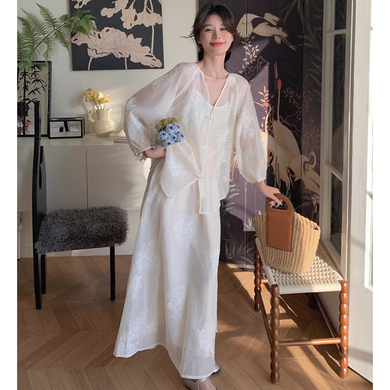 フラワー刺繍シフォンセットアップ